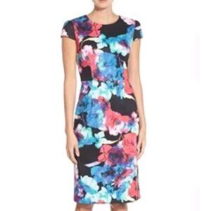 Betsey Johnson Women Black Multicolor Floral Bodycon Dress Cap Sleeve Size 10
